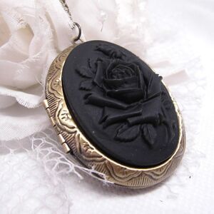 Black Gothic Mourning Rose Cameo Locket Necklace